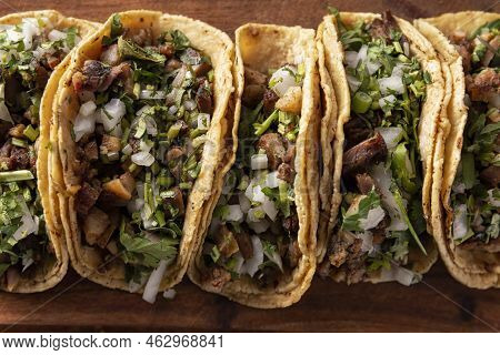 Tacos De Suadero. Fried Meat In A Corn Tortilla. Street Food From Cdmx, Mexico, Traditionally Accomp