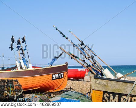 Hove United Kingdom - June 16 2009; Traditional Colourful Fishing Boats Of South England Pulled Up O