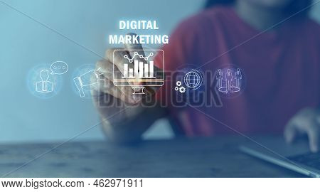 Hands Using A Stylus Pen To Display Symbols And Icons Of Internet Advertising Digital Marketing And 