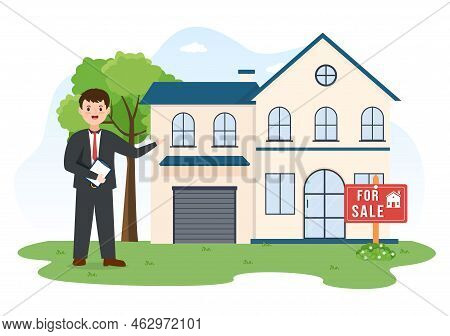 Land Broker Template Hand Drawn Cartoon Flat Illustration With Bridging Investors Or Buyers And Sell