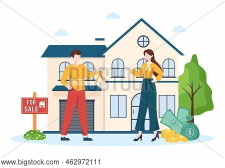 Land Broker Template Hand Drawn Cartoon Flat Illustration With Bridging Investors Or Buyers And Sell
