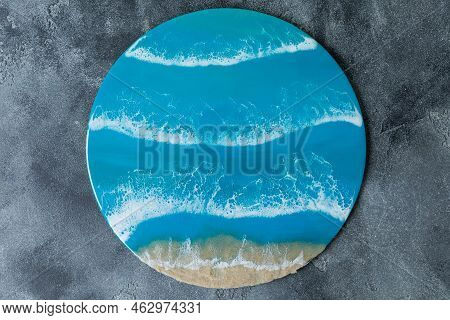Resin Art Pound Painting With Sea Waves And Beach. Ocean Made Of Epoxy Resin Art