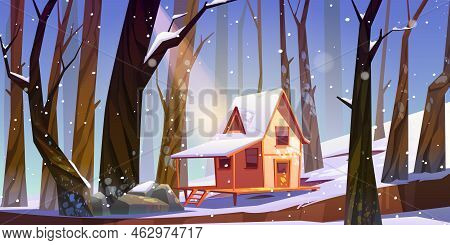 Wooden Stilt House In Winter Forest. Old Snow Swept Shack With Terrace Stand On Piles In Deep Wood W