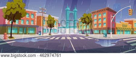 Rain On City Street With Houses, Road With Pedestrian Crosswalk And Traffic Lights. Vector Cartoon R