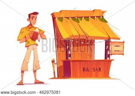 Bartender And Wooden Tiki Bar With Tribal Masks Isolated On White Background. Vector Cartoon Set Of 