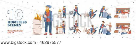 Scenes With Homeless People, Beggars Living On City Street. Hobo Characters, Sad Needy Mother With S