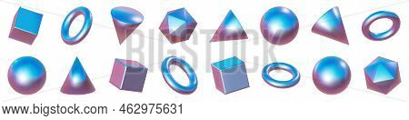 3d Pink Metal Neon Gradient Shapes Render. Vector Abstract Element Set Of Shere And Ball, Cube And C