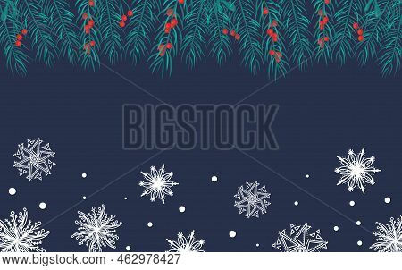 Beautiful Background With White Snowflakes And Berry Branches For Winter Design. Collection Of Chris
