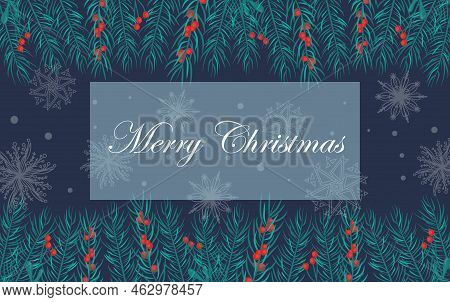 Beautiful Background With White Snowflakes And Berry Branches For Winter Design. Collection Of Chris