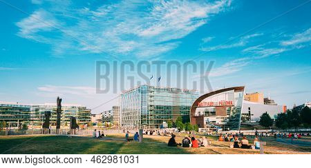 Helsinki, Finland - July 28, 2014: People Are Relaxing In Front Of The Kiasma Museum And Sanoma Buil