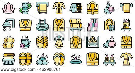 Spa Clothing Icons Set Outline Vector. Rob Bath. Belt Soft Thin Line Color Flat On White