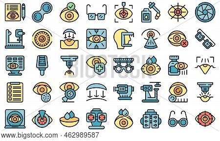 Laser Vision Correction Icons Set Outline Vector. Surgery Refractive. Beam Eye Thin Line Color Flat 