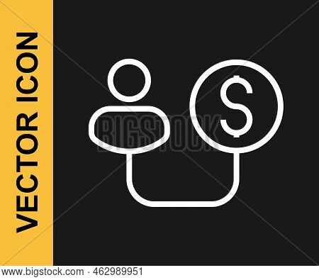 White Line Human And Money Icon Isolated On Black Background. Concept Of Attracting Investments. Big