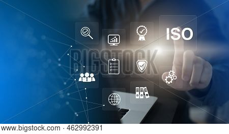 Iso Certification Of Standards Quality Control Assurance Business Technology Concept. Businessman To