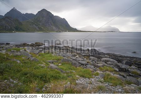 Mountain Landscape In The Fiords Of Lofoten Islands On A Foggy Day, Norway. High Quality Photo