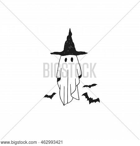 Hadn Drawn Line Art Ghost. Sketch Of A Ghost And Bats. Vector