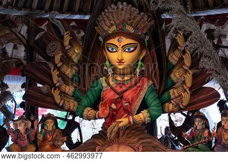 Goddess Durga Devi Idol Decorated At Puja Pandal In Kolkata, West Bengal, India. Durga Puja Is Bigge