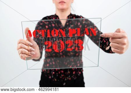 Text Caption Presenting Action Plan 2023. Business Idea To Do List Contain Number Of Things Be Done
