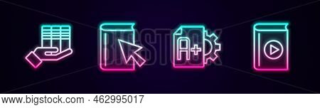 Set Line Book Donation, Online Book, Exam Sheet With A Plus Grade And Audio. Glowing Neon Icon. Vect