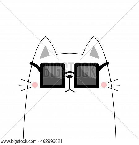 Cat Wearing Square Sunglasses Eyeglasses. Black Contour Line Outline. Cute Cartoon Kawaii Funny Char
