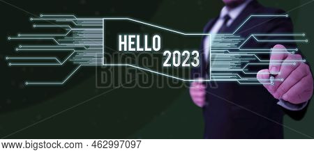 Text Caption Presenting Hello 2023. Word Written On Hoping For A Greatness To Happen For The Coming