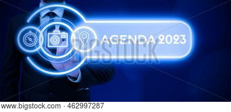 Hand Writing Sign Agenda 2023. Word Written On List Of Activities In Order Which They Are To Be Take