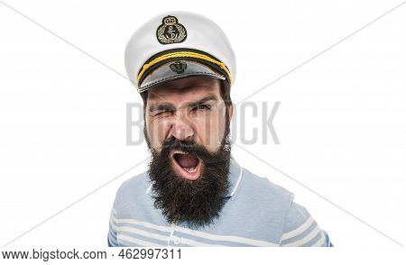 Winking Sailor Copy Space. Bearded Sailor Isolated On White. Navy And Marine. Sea Adventures Concept