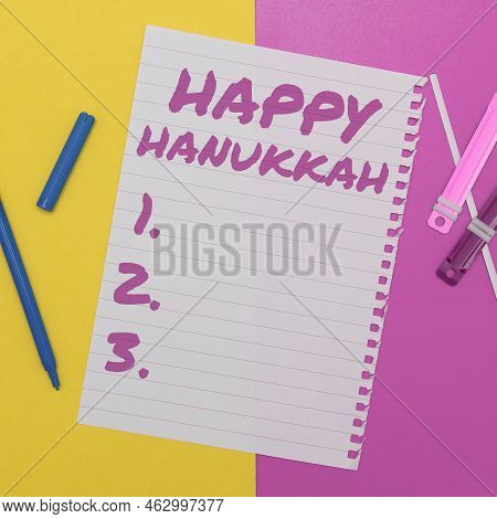 Text Showing Inspiration Happy Hanukkah. Word Written On A Day Related With Scary Aspect, Haunted Ho