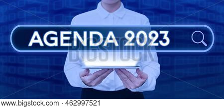 Text Caption Presenting Agenda 2023. Business Idea List Of Activities In Order Which They Are To Be