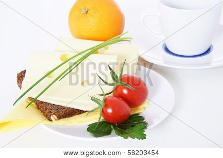 Fine served granary bread with cheese. All on white background.
