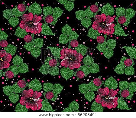 Background pattern from pinck flowers on the black
