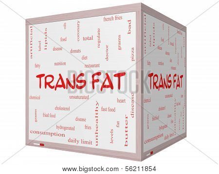 Trans Fat Word Cloud Concept On A 3D Cube Whiteboard
