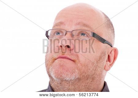 Charismatic adult man looking up. All on white background.
