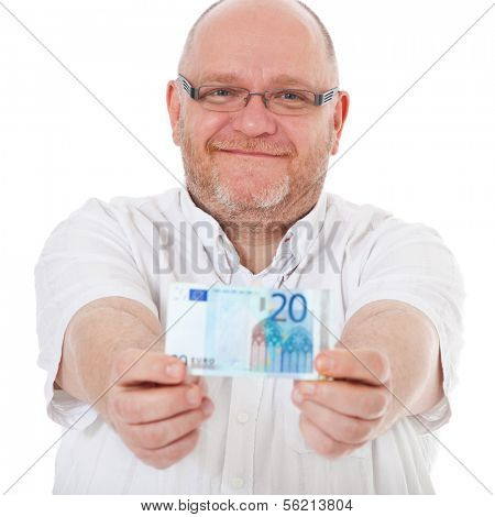 Charismatic middle aged man holding 20 euro note. All on white background.