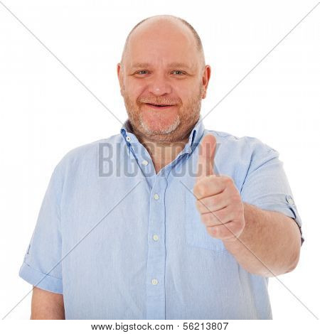 Charismatic middle aged man showing thumbs up. All on white background.