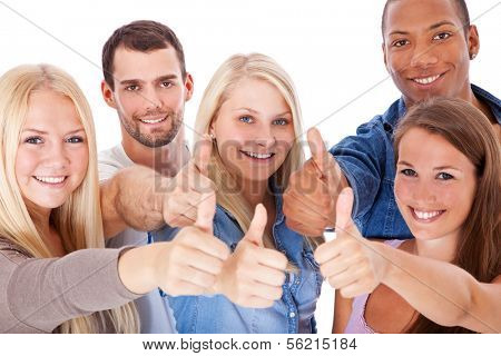Group of young people showing thumbs up. All on white background.