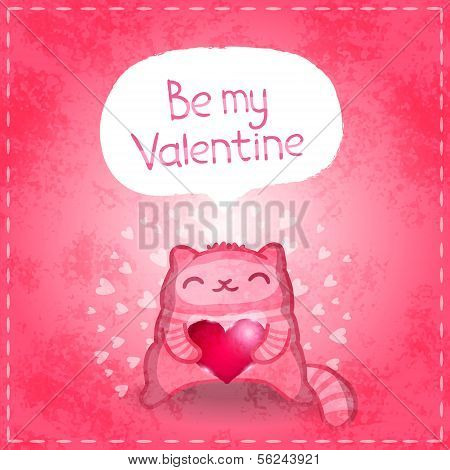 Happy Valentines card. Cute cat with heart.