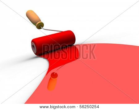 Paint roller and red paint stripe. 3d illustration
