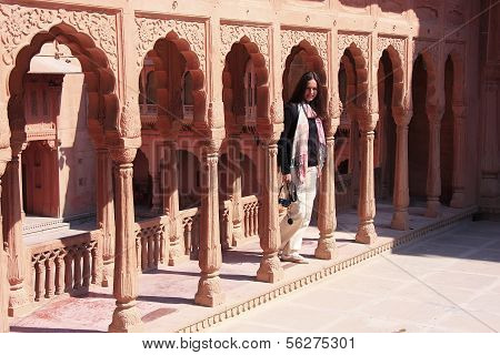 Young Woman Standing On Courtyard Terrace, Junagarh Fort, Bikaner, India