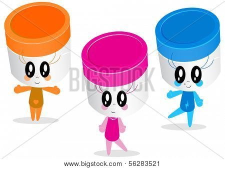 Vector character illustrations of thee plastic (medicine, health care) jars (containers). All vector objects and details are isolated and grouped. Colors and background color are easy to adjust.