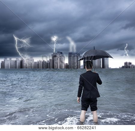 Business Man Holding An Umbrella With Thundershower Background