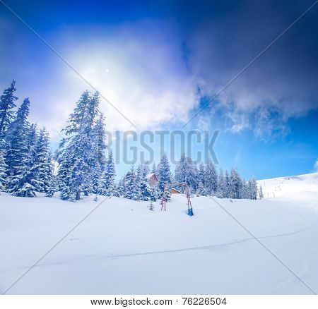 Slope on the skiing resort  in Carpathians. Ukraine