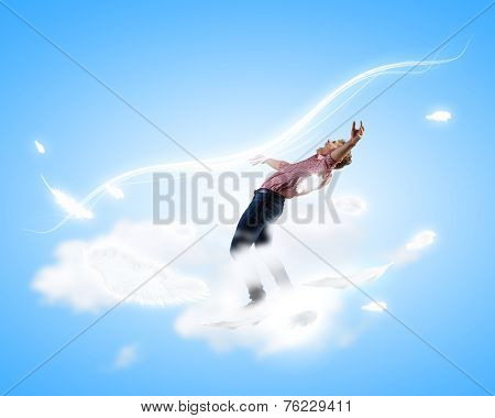 Young guy in casual evading from light rays