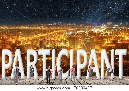 Concept of partner, friends,collaborate with group of business people stand with 3d text. 