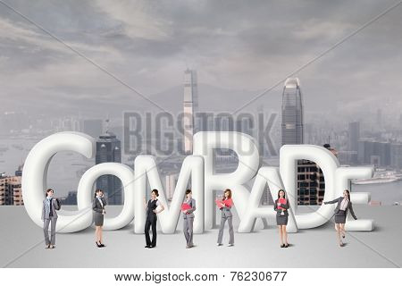 Concept of partner, friends,collaborate with group of business people stand with 3d text. 