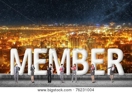 Concept of partner, friends,collaborate with group of business people stand with 3d text. 