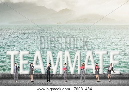 Concept of partner, friends,collaborate with group of business people stand with 3d text. 