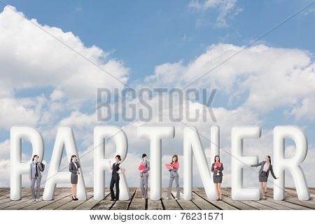 Concept of partner, friends,collaborate with group of business people stand with 3d text. 