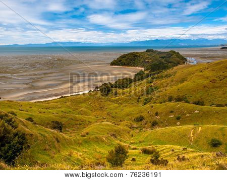 View Over Grassland At Puponga Bay, South Island, New Zealand