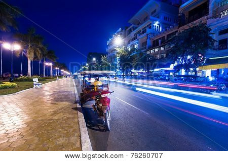 Moto Taxi At Evening Asian City. Phnom Penh, Cambodia